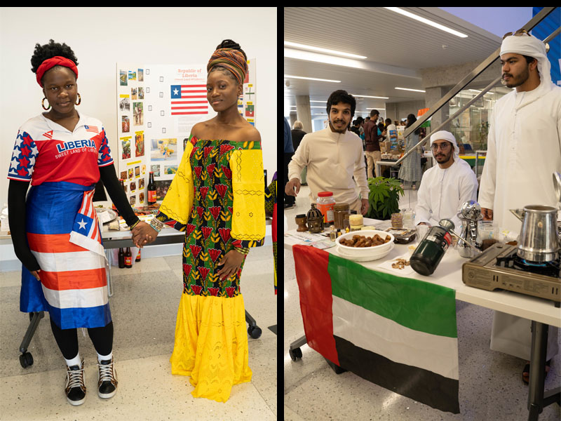 Students from Liberia and United Arab Emerates display tables at International Week Showcase event.