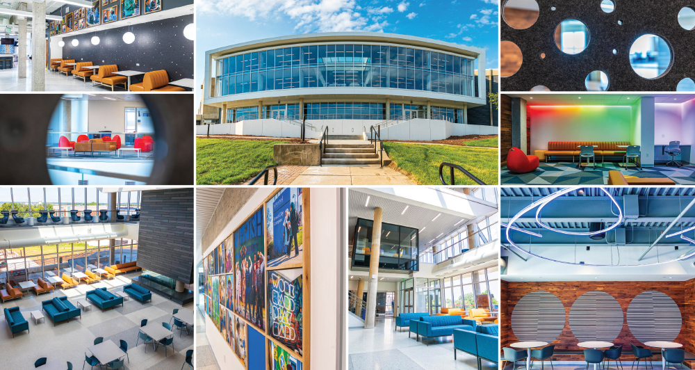 Photo collage of interior and exterior images of Iowa Hall