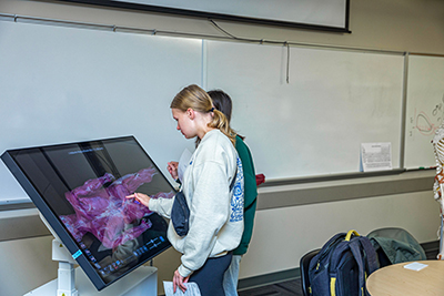 Two students using the high-tech virtual cadaver system called an anatomage table.