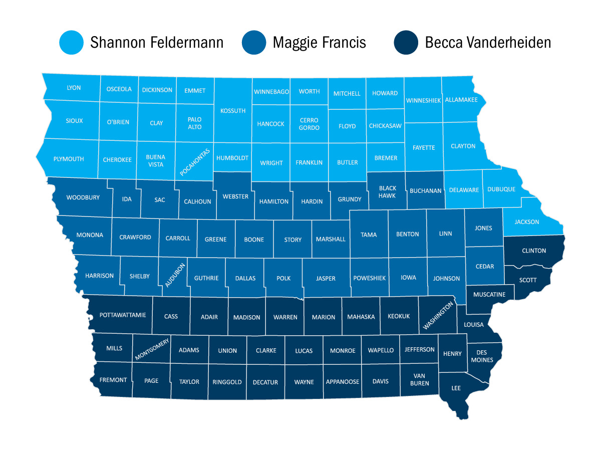 map of Iowa breaking down Admission reps by county